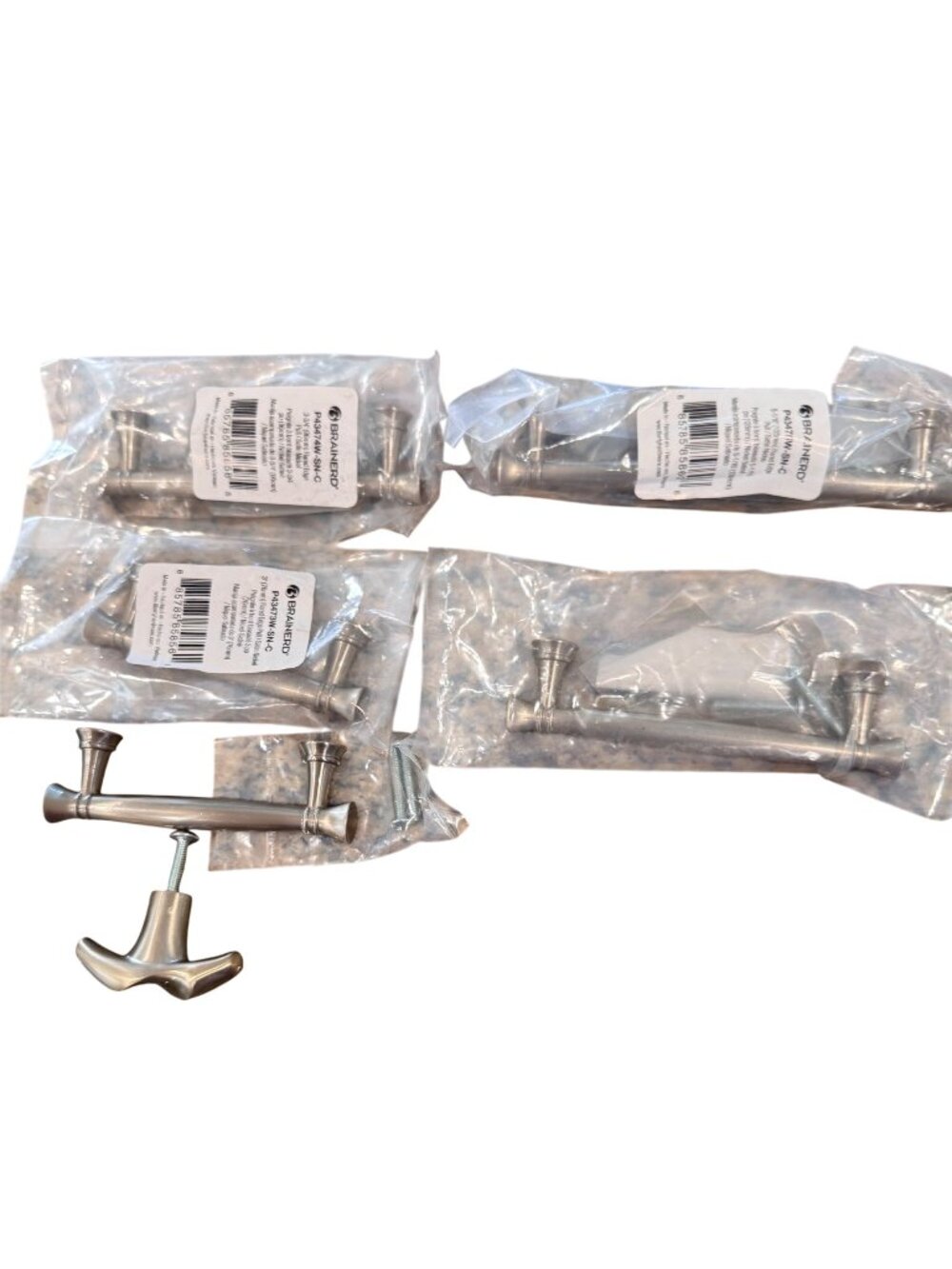 Brainerd Satin Nickel Drawer Pull & Knob Set of 6 Kitchen Hardware varied sizes
